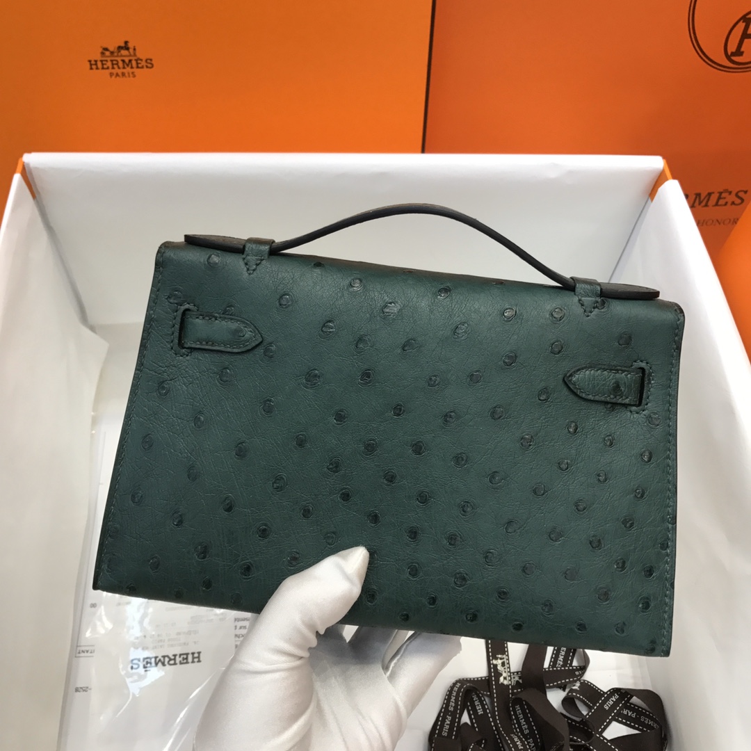 Hermes Mini Kelly Pochette 22cm Bag In Deep Green Ostrich Leather